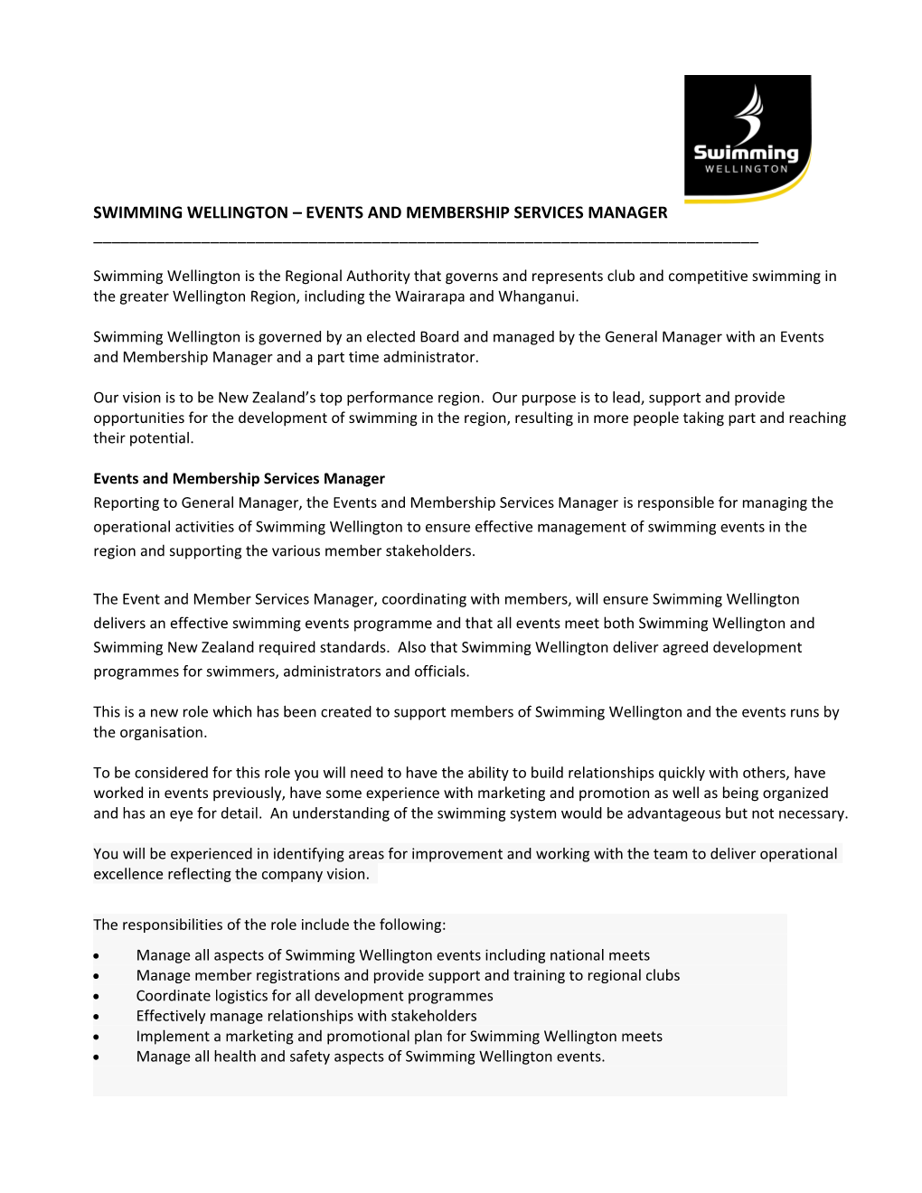 Swimming Wellington Events and Membership Services Manager