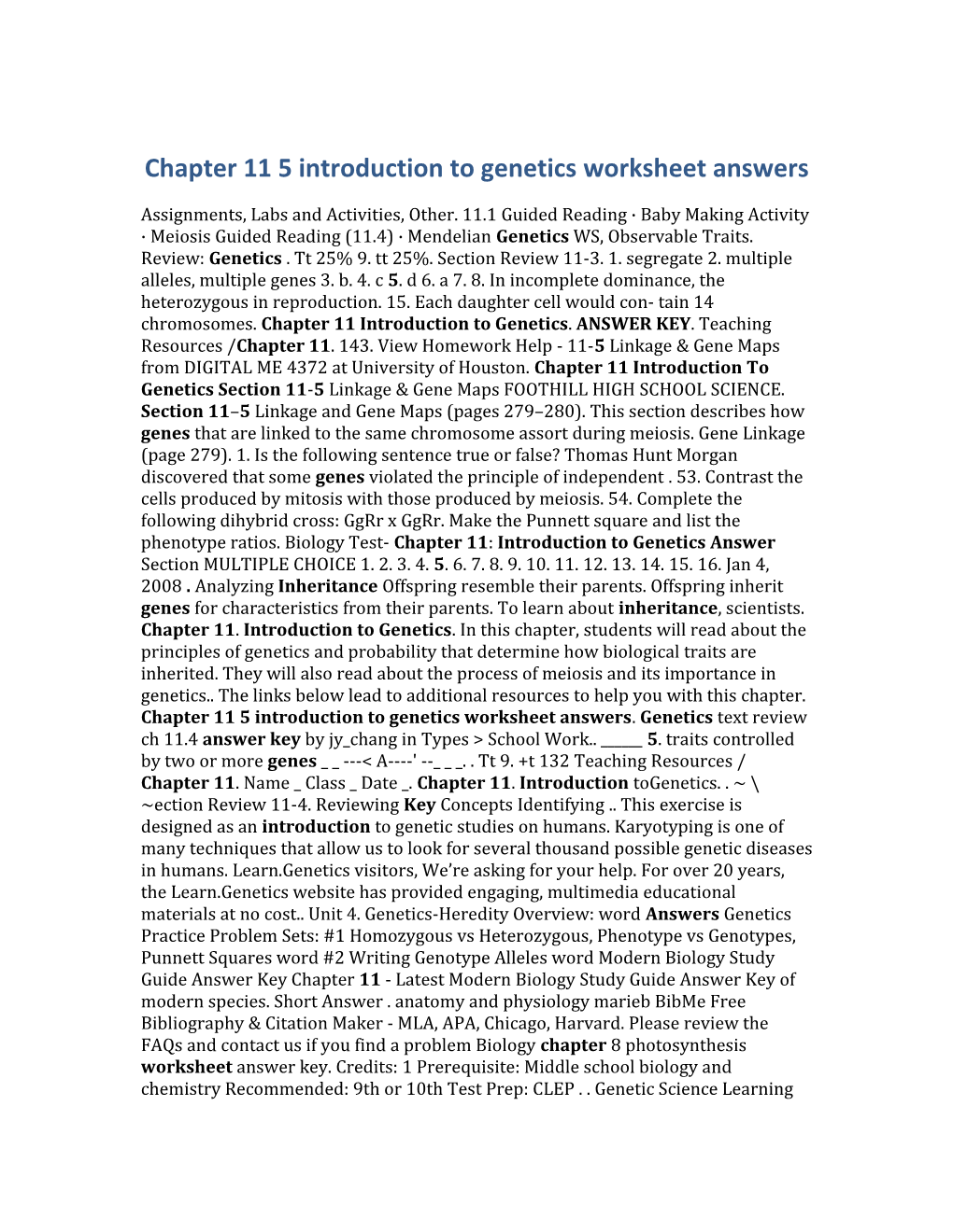 Chapter 11 5 Introduction to Genetics Worksheet Answers