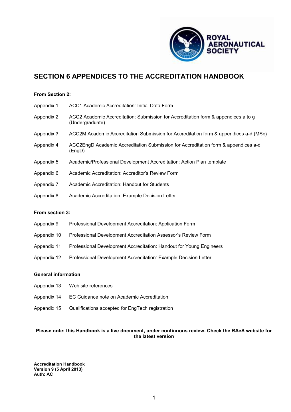 Section 6 Appendices to the Accreditation Handbook