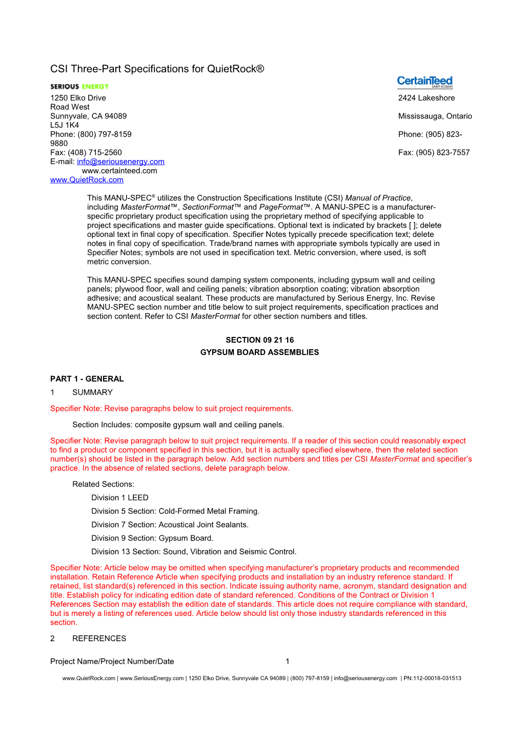 Quietrock CSI Specifications