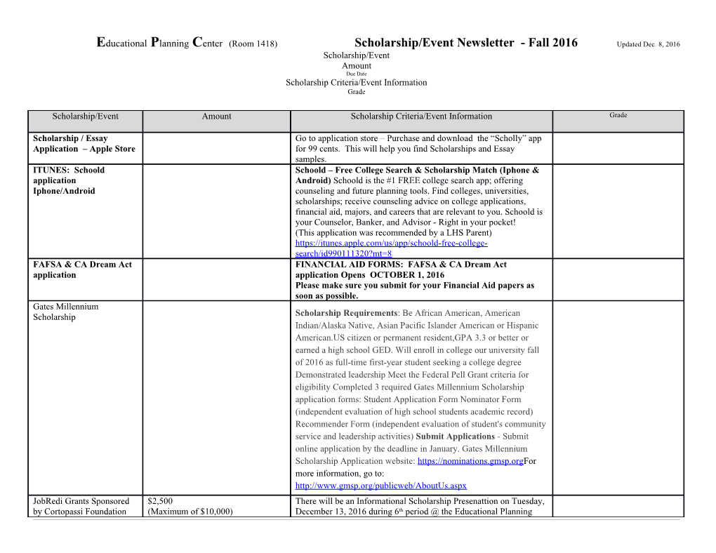 Educational Planning Center (Room 1418) Scholarship/Event Newsletter - Fall 2016 Updated