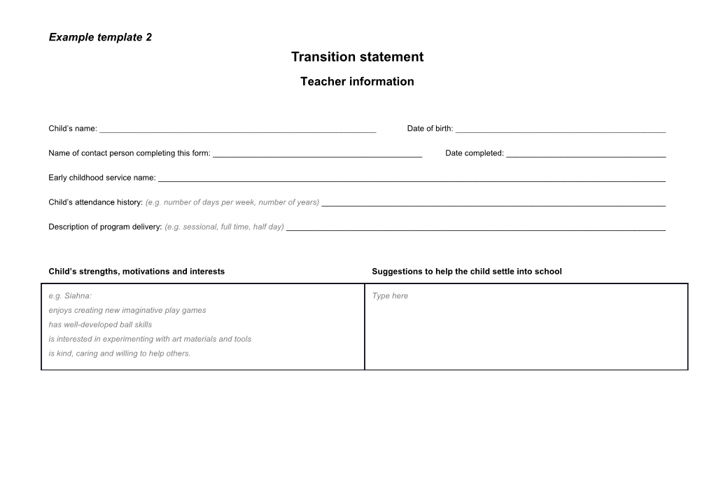 Queensland Kindergarten Learning Guideline: Transition Statement Template 2