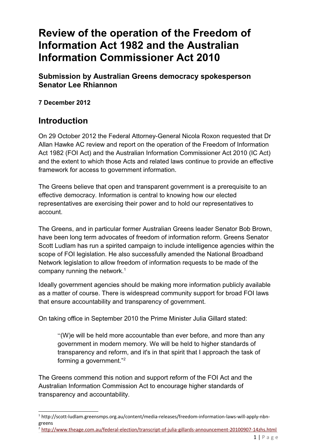 Submission by Australian Greens Democracy Spokesperson Senator Lee Rhiannon