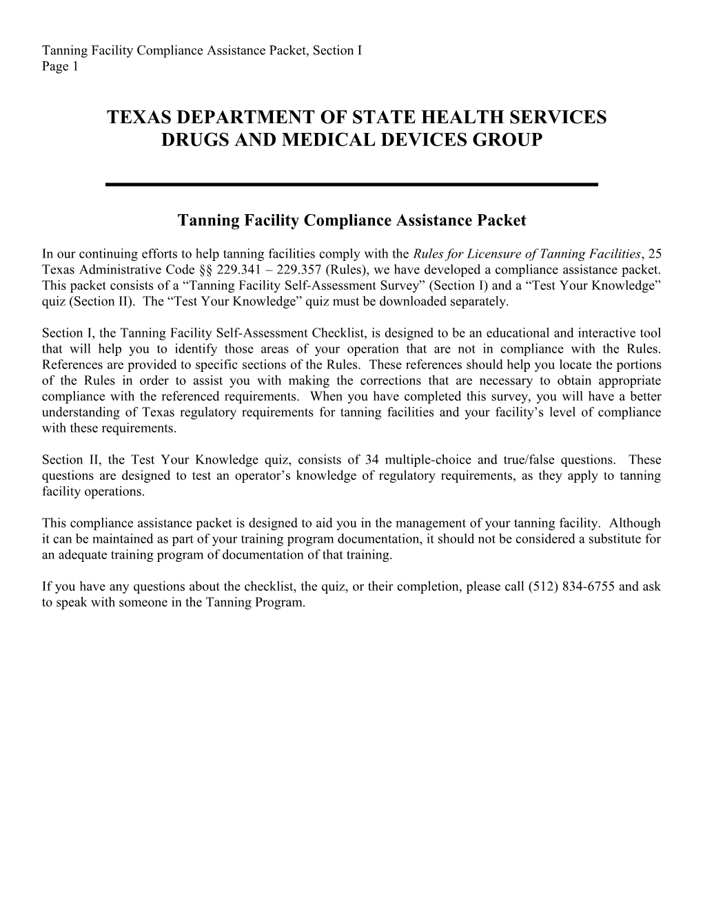 Tanning Facility Compliance Assistance Packet, Section I