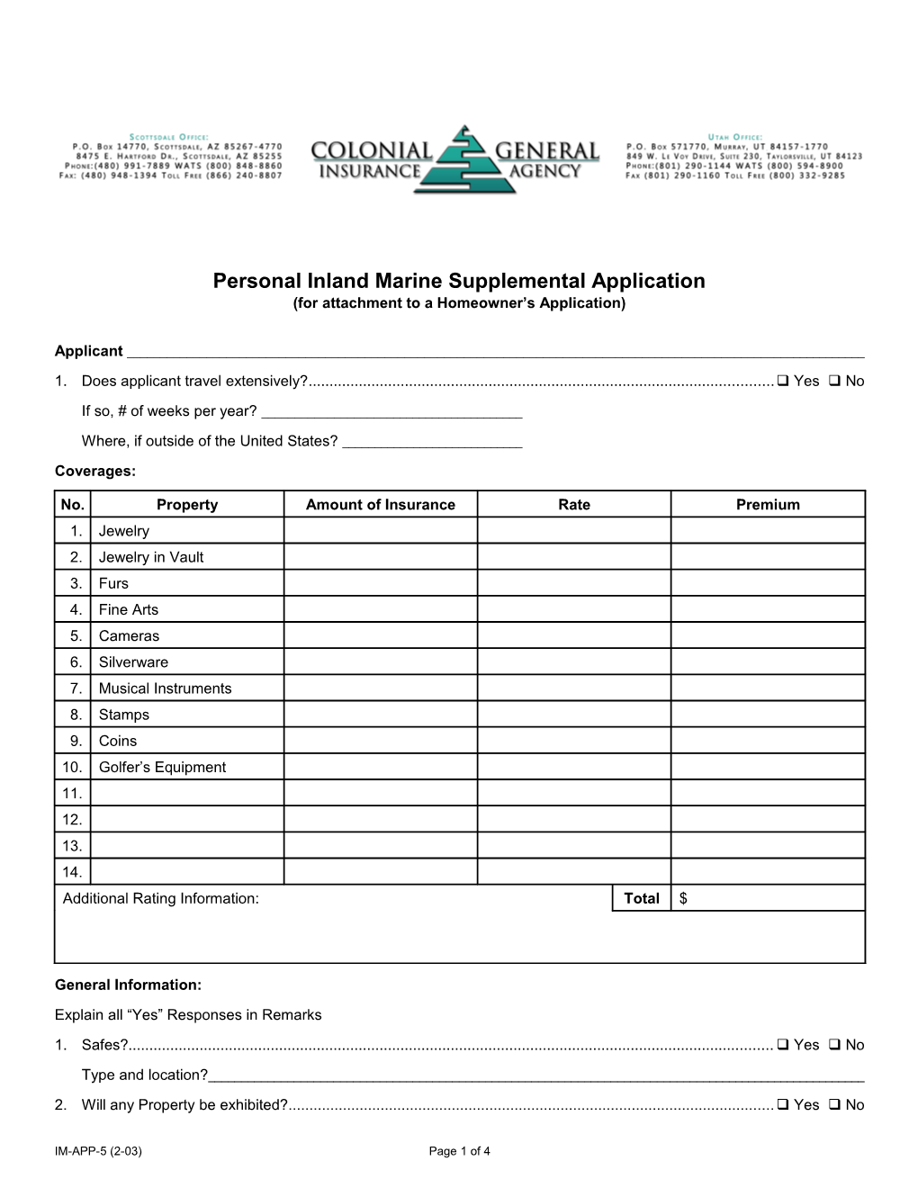 Personal Inland Marine Supplemental Application