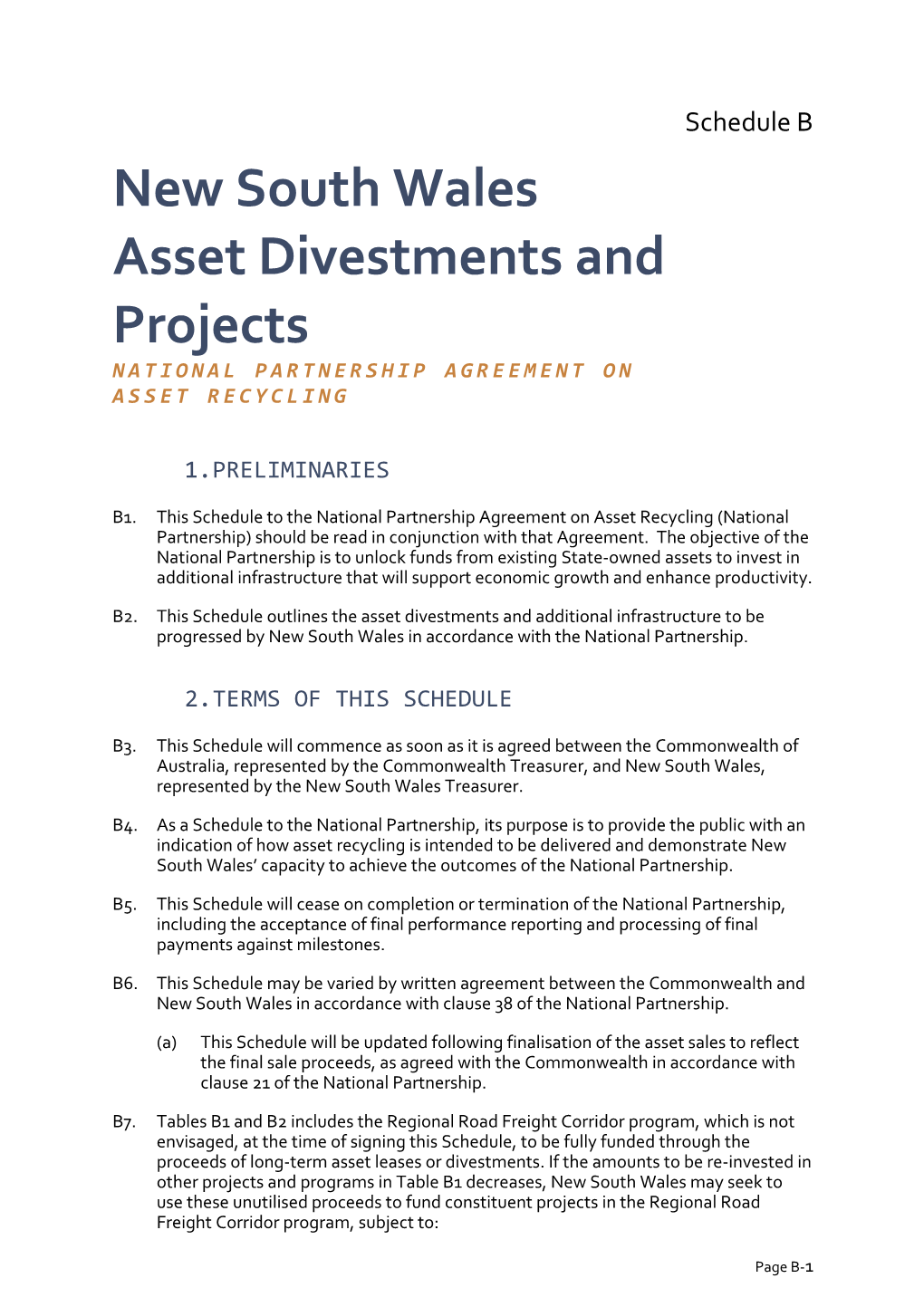 National Partnership Agreement Onasset Recycling Schedule B New South Wales Asset Divestments