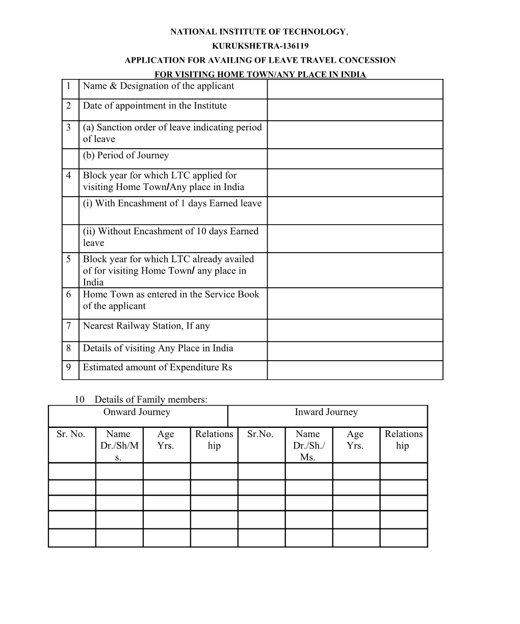 Application for Availing of Leave Travel Concession