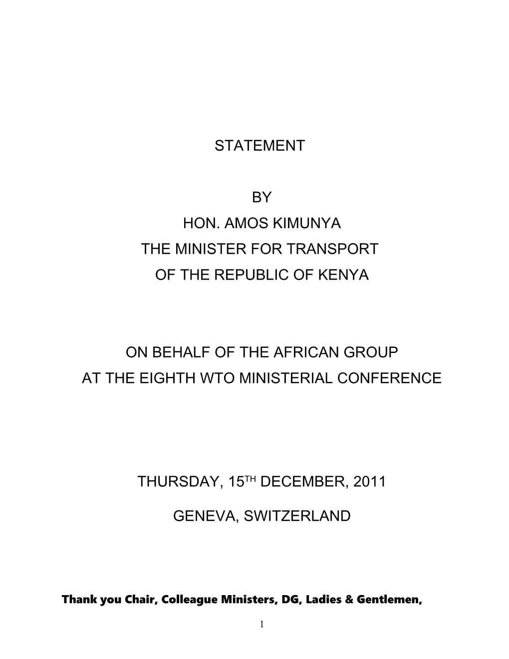 The Minister for Transport