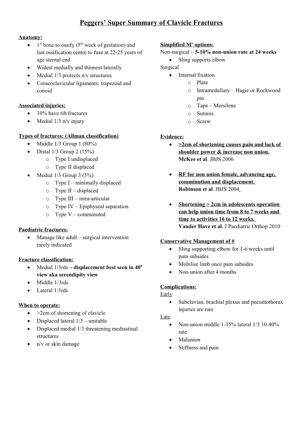 Peggers Super Summary of Clavicle Fractures