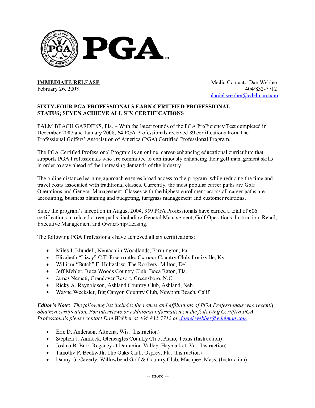 The PGA Of America Announces The First Professionals To Satisfy The Requirements For Certification Through The PGA Certified P