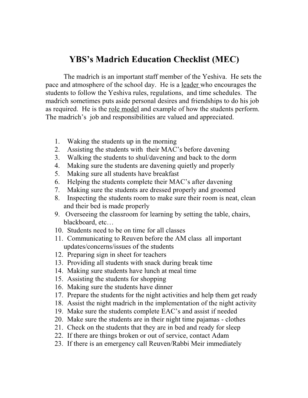 YBS S Madrich Education Checklist (MEC)