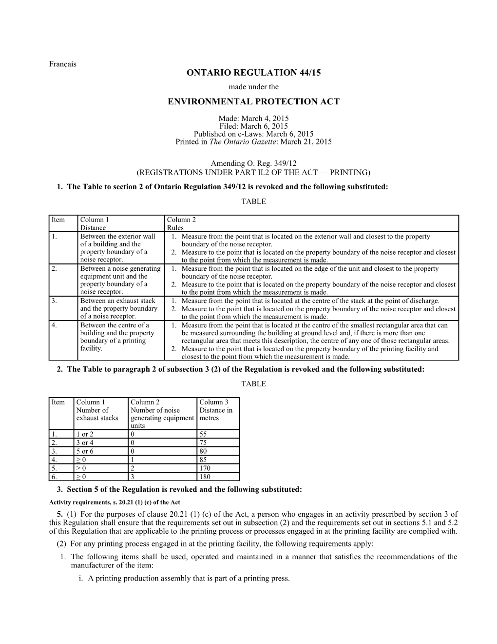 ENVIRONMENTAL PROTECTION ACT - O. Reg. 44/15