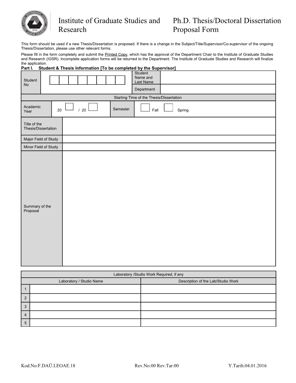 Thesis/Dissertation Proposal and Supervisor Appointment Form