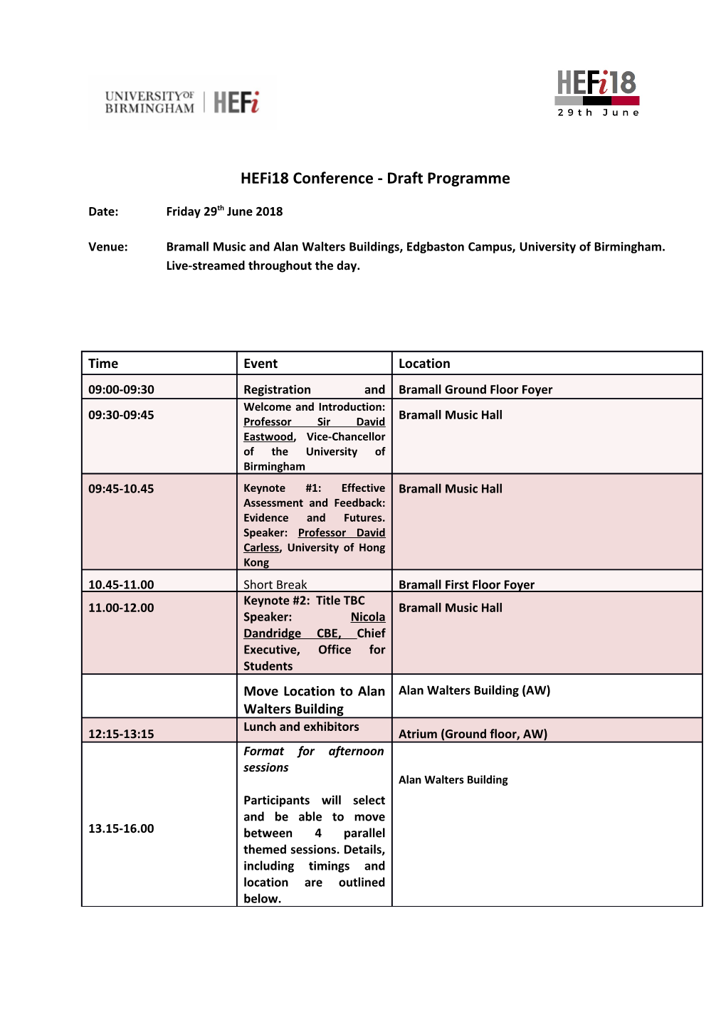 Hefi18 Conference - Draft Programme