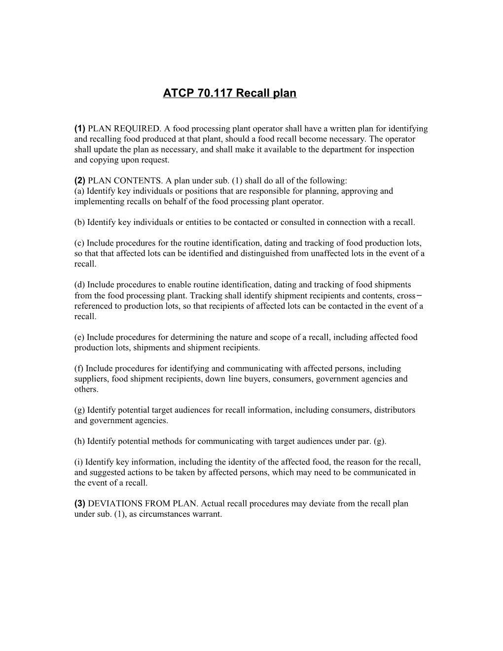 ATCP 70.117 Recall Plan