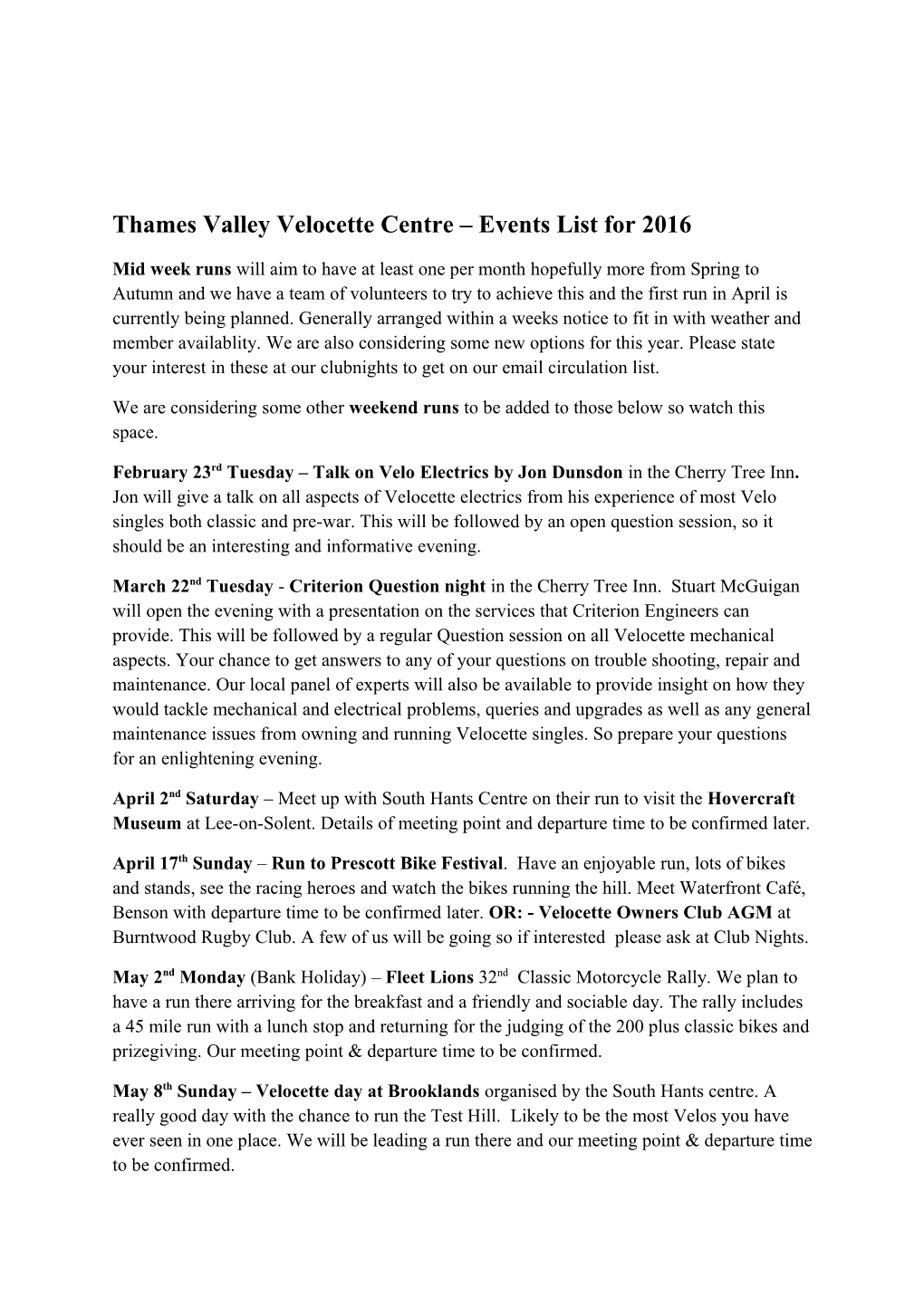 Thames Valley Velocette Centre Events List for 2016