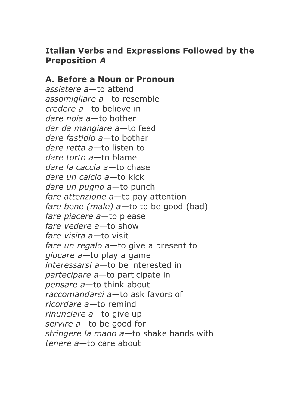Italian Verbs and Expressions Followed by the Preposition A