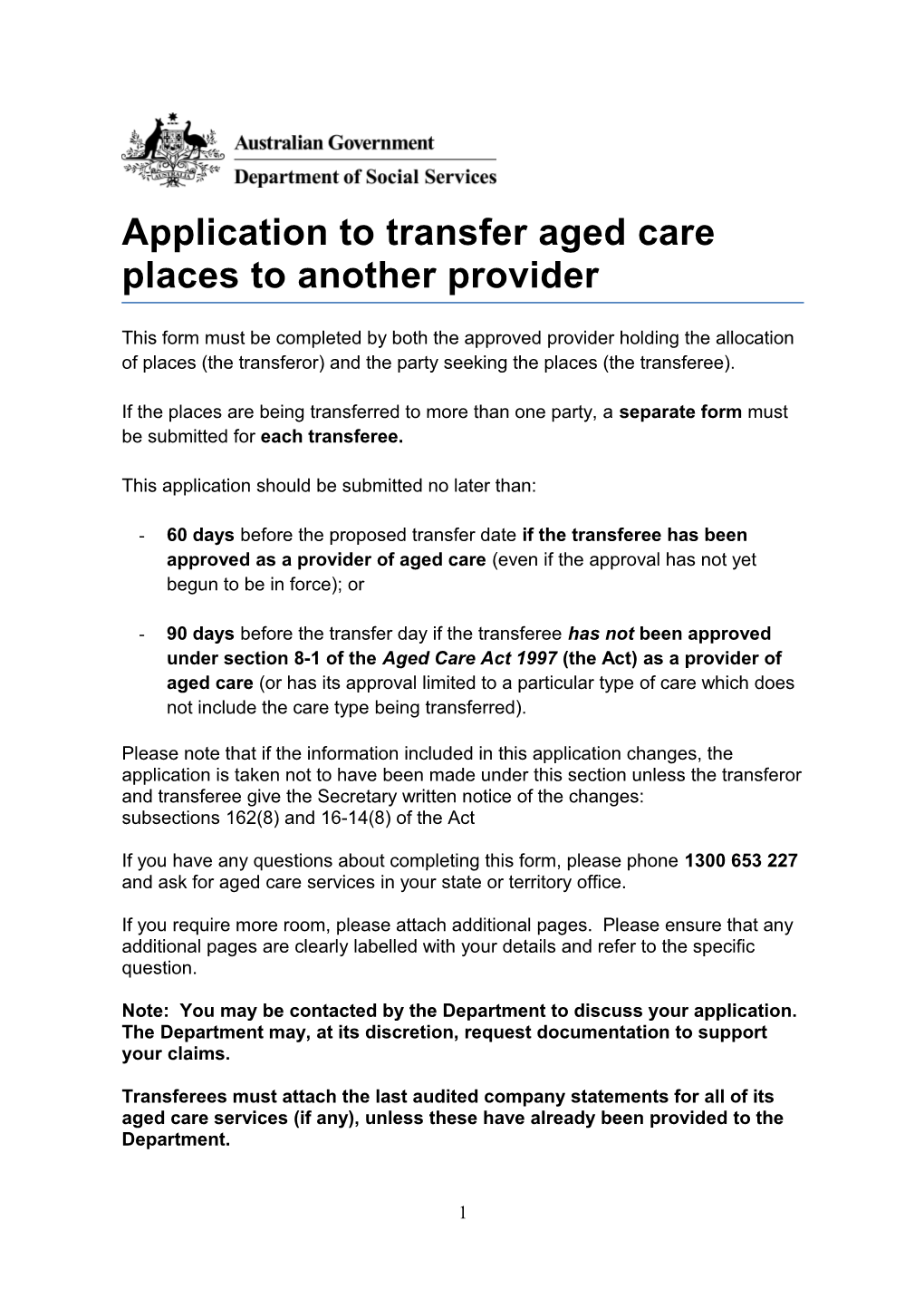 Application to Transfer Aged Care Places to Another Provider