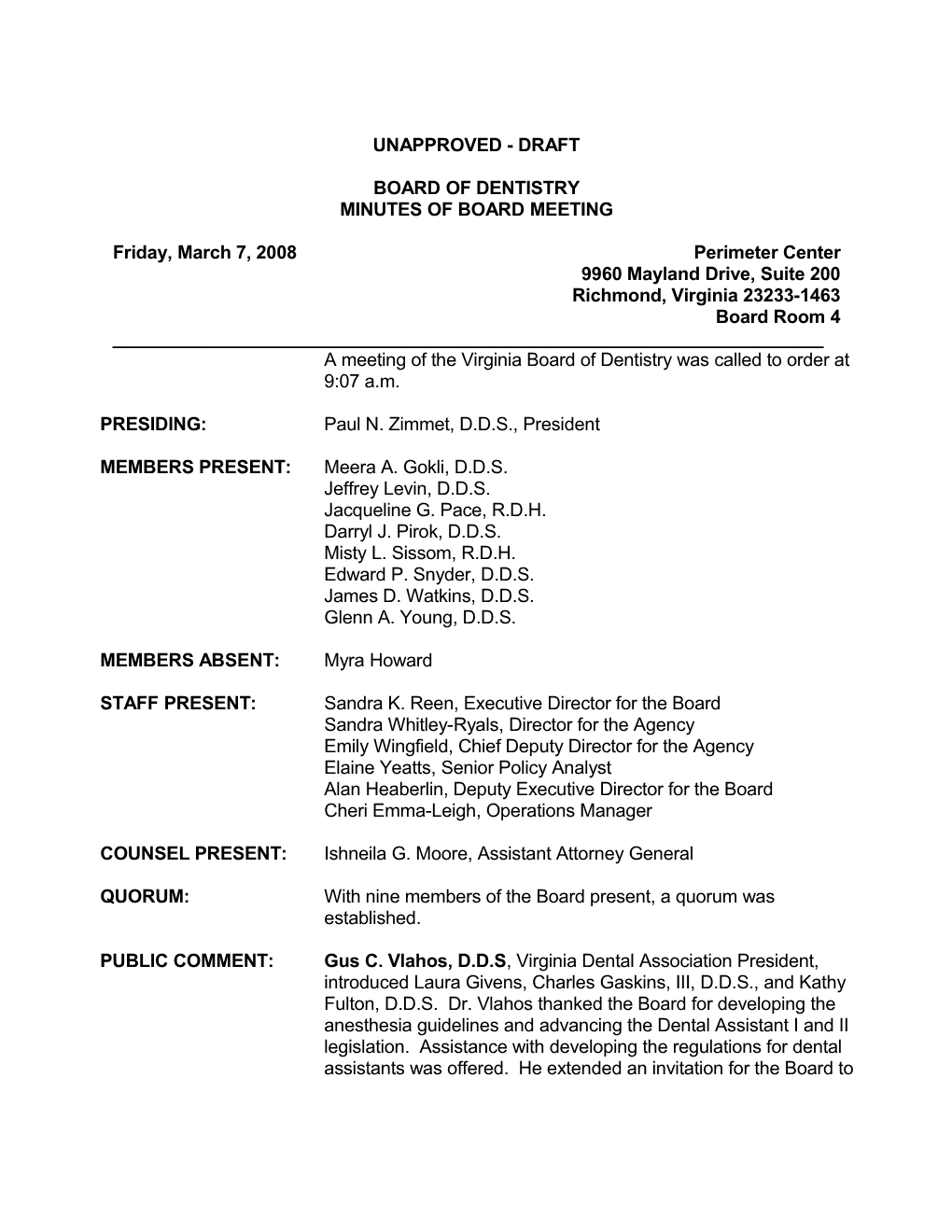 Board of Dentistry Minutes 03-07-2008