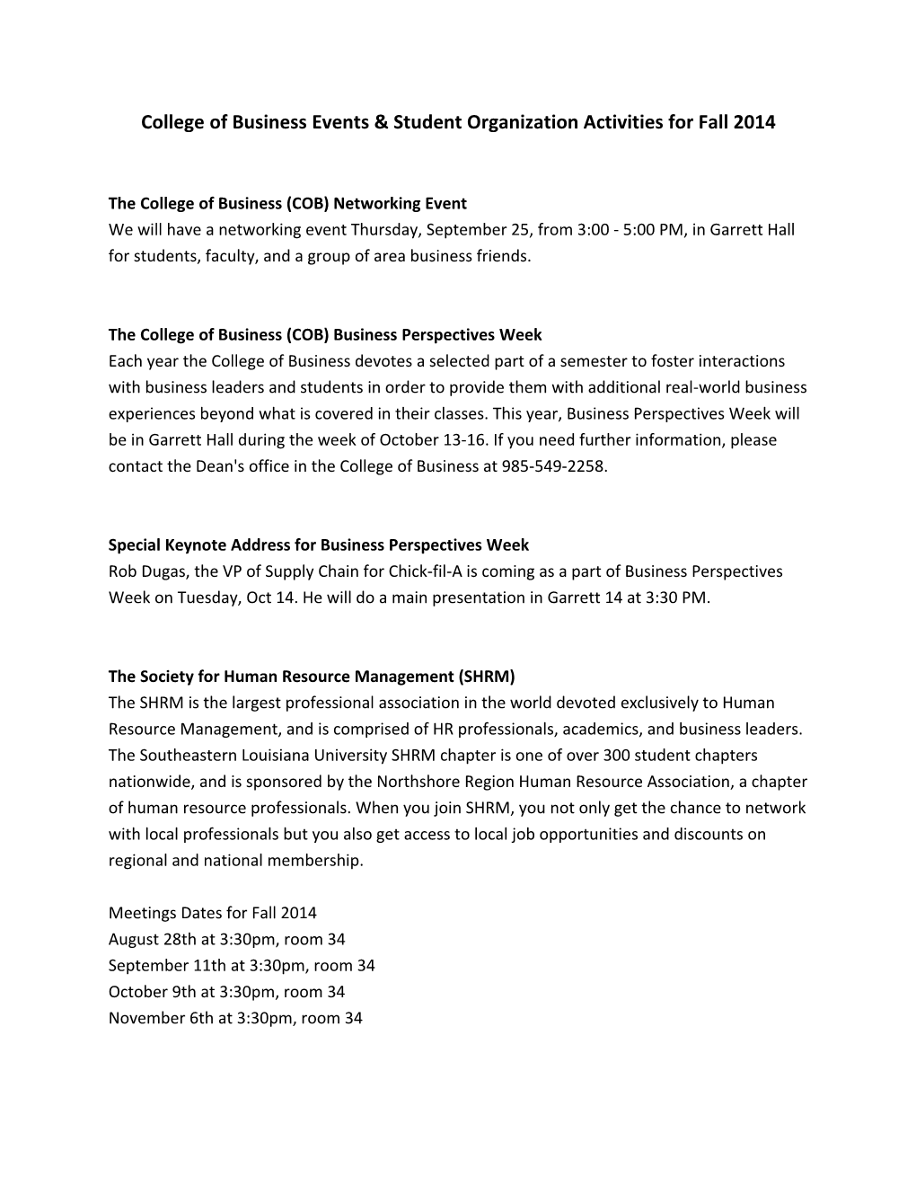 College of Business Events & Student Organization Activities for Fall 2014