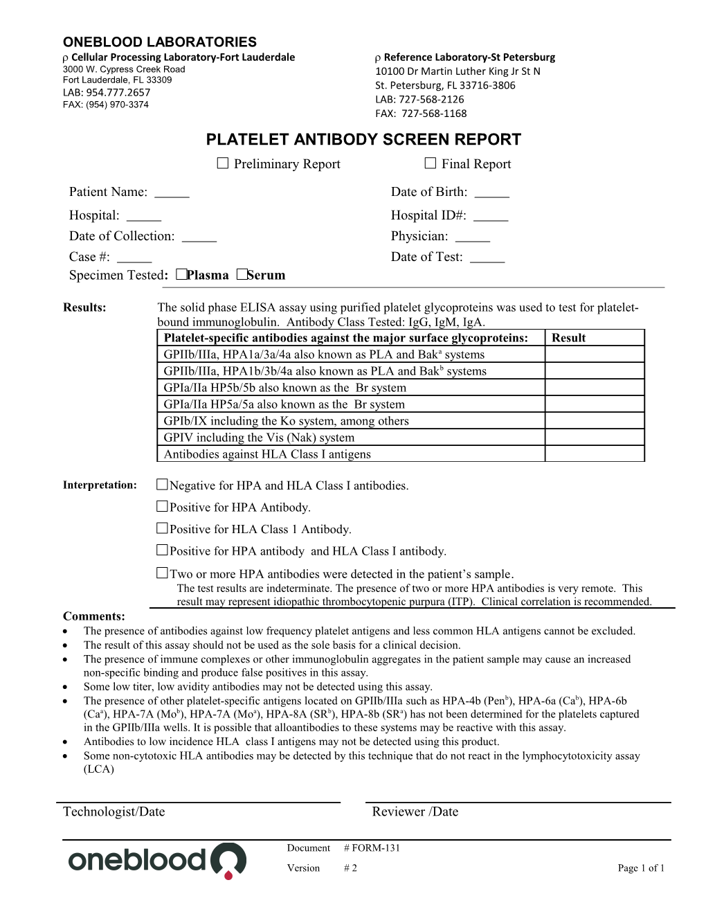 Platelet Antibody Screen Report