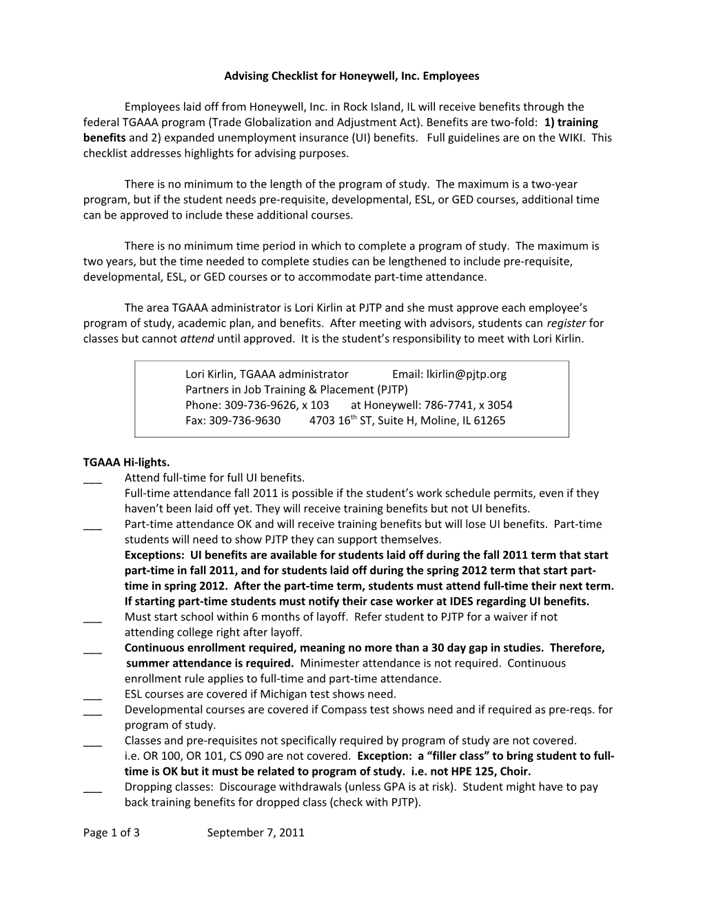 Advising Checklist for Honeywell, Inc. Employees