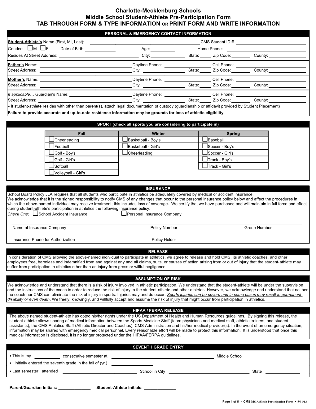 Middle School Student-Athlete Pre-Participation Form
