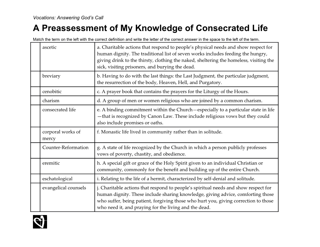 A Preassessment of My Knowledge of Consecrated Life