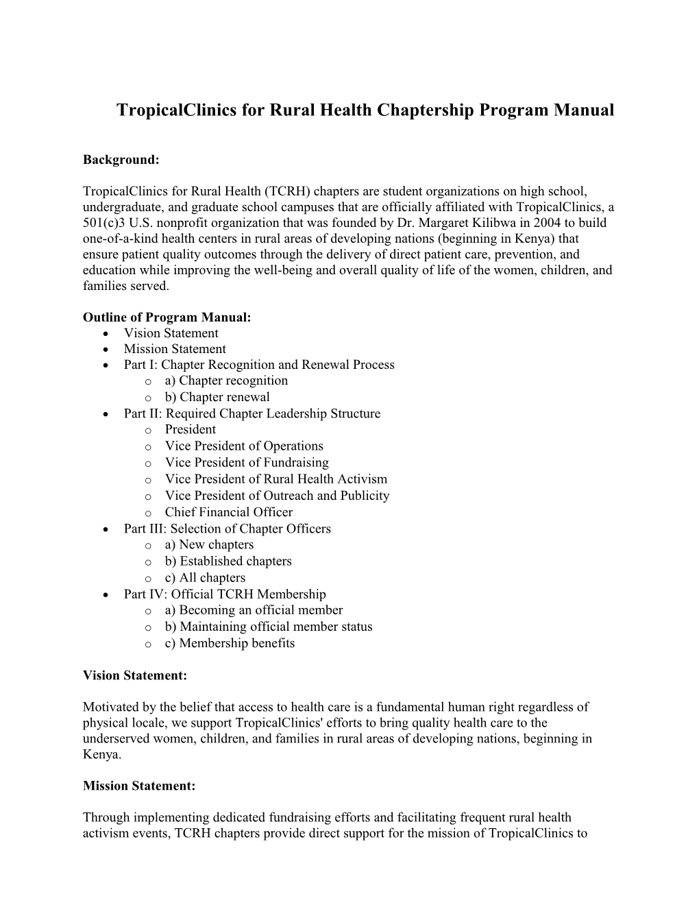 Tropicalclinics for Rural Health Chaptership Program Manual