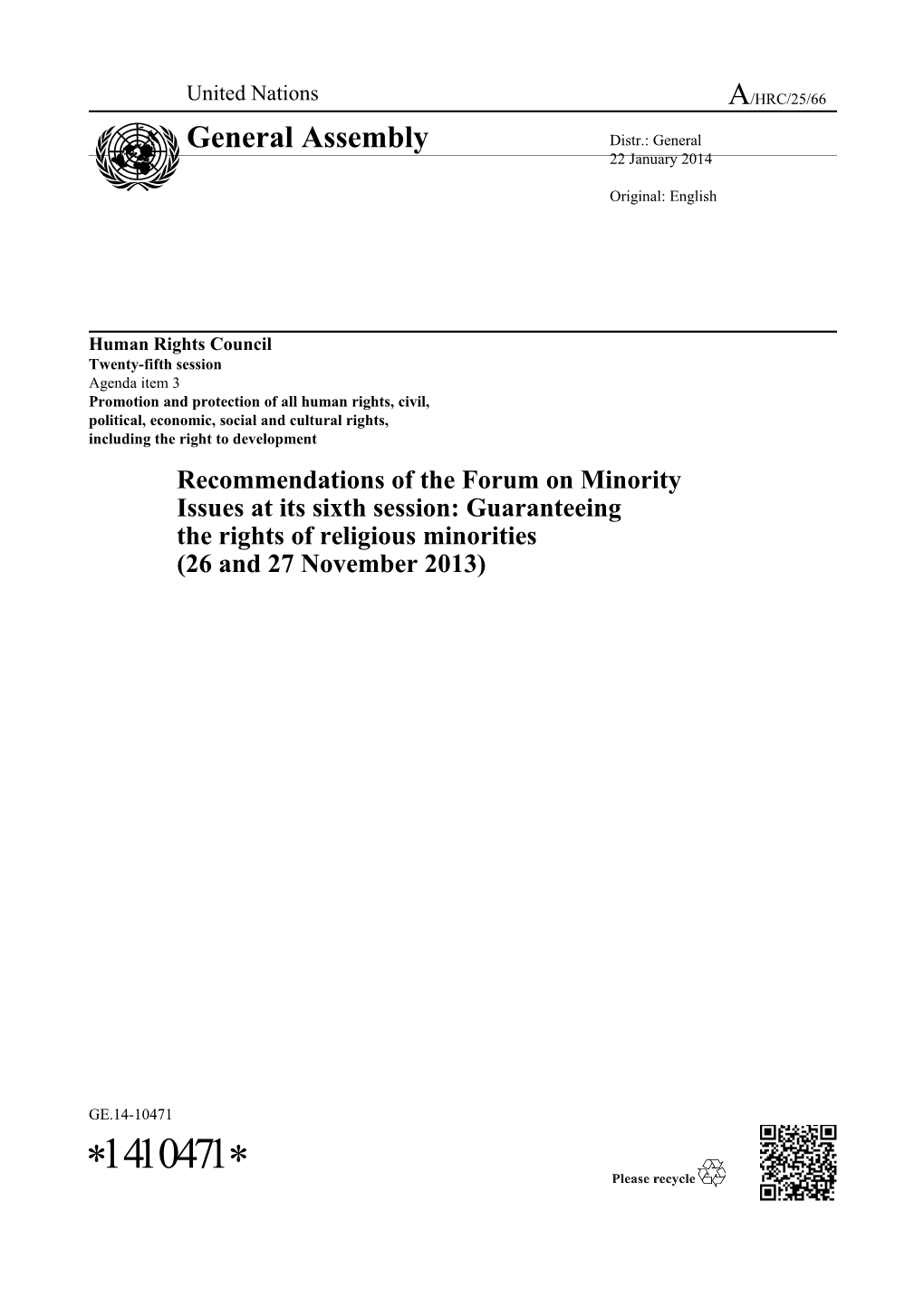 Recommendations of the Forum on Minority Issues at Its Sixth Session: Guaranteeing The