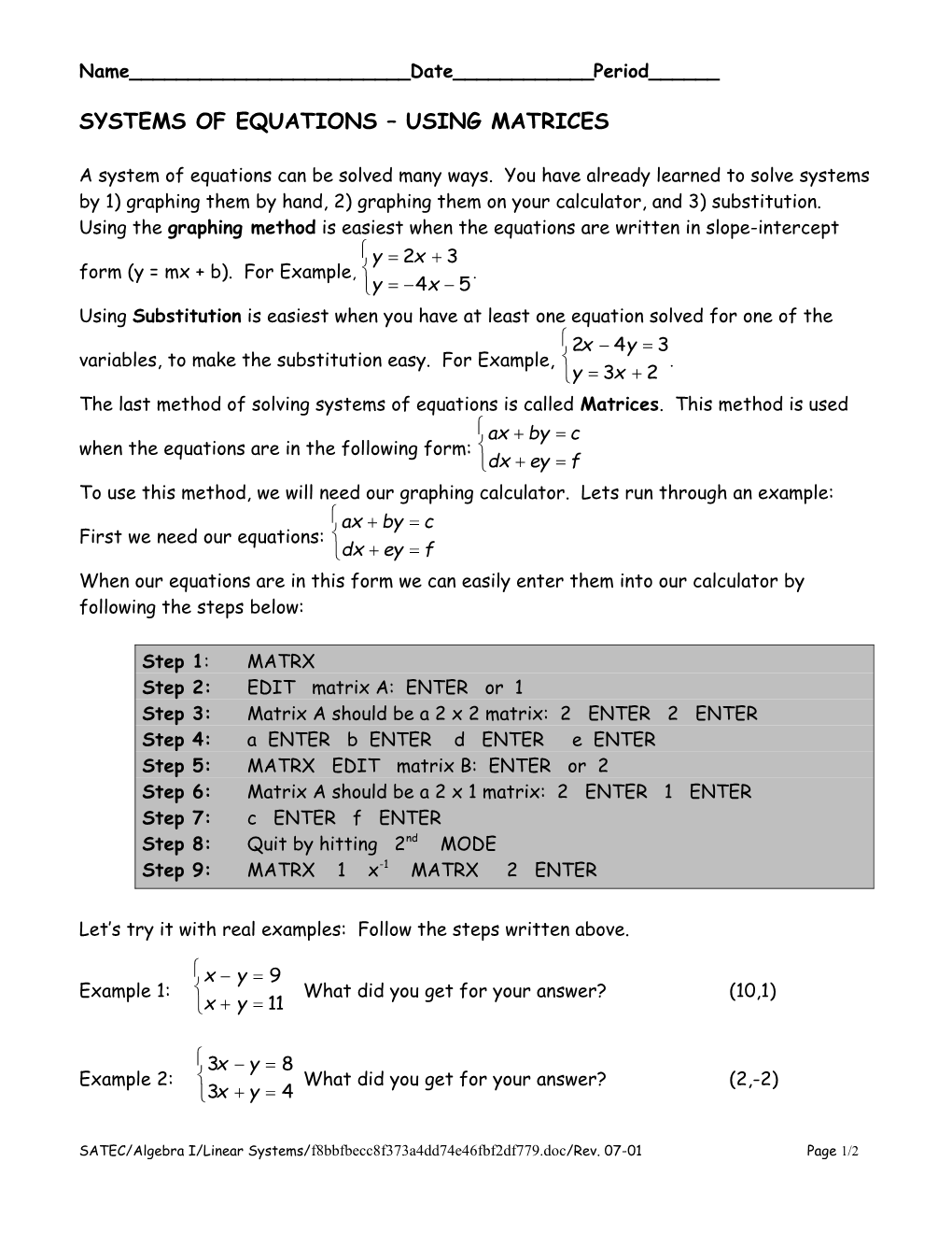 Systems of Equations Using Matrices