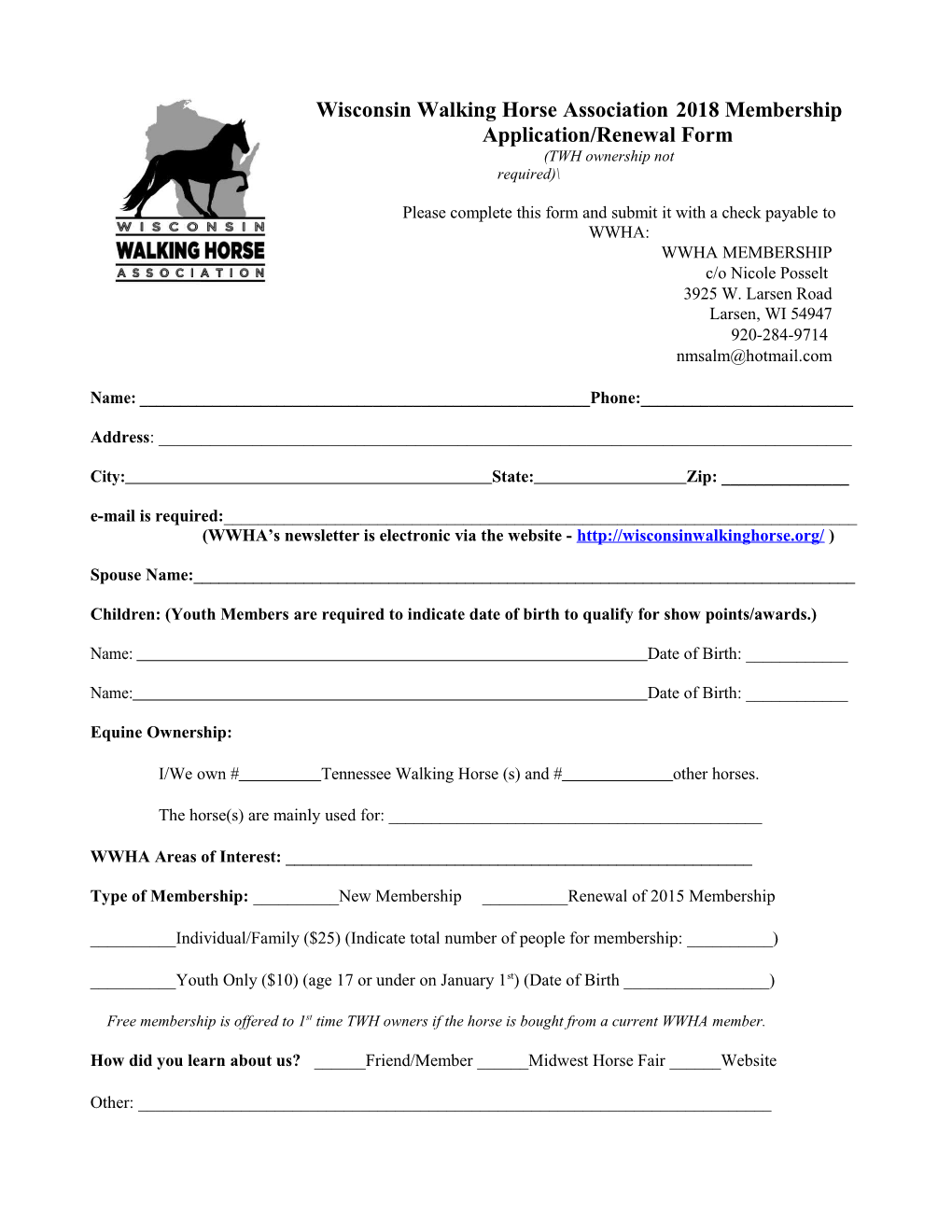 Wisconsin Walking Horse Association 2018 Membership Application/Renewal Form