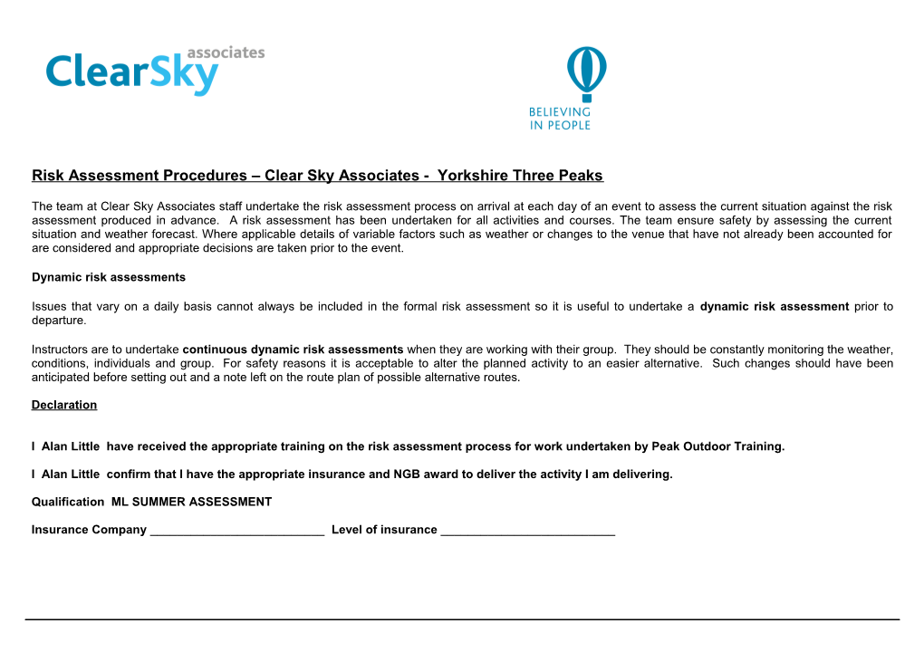 Risk Assessment Procedures Clear Sky Associates - Yorkshire Three Peaks