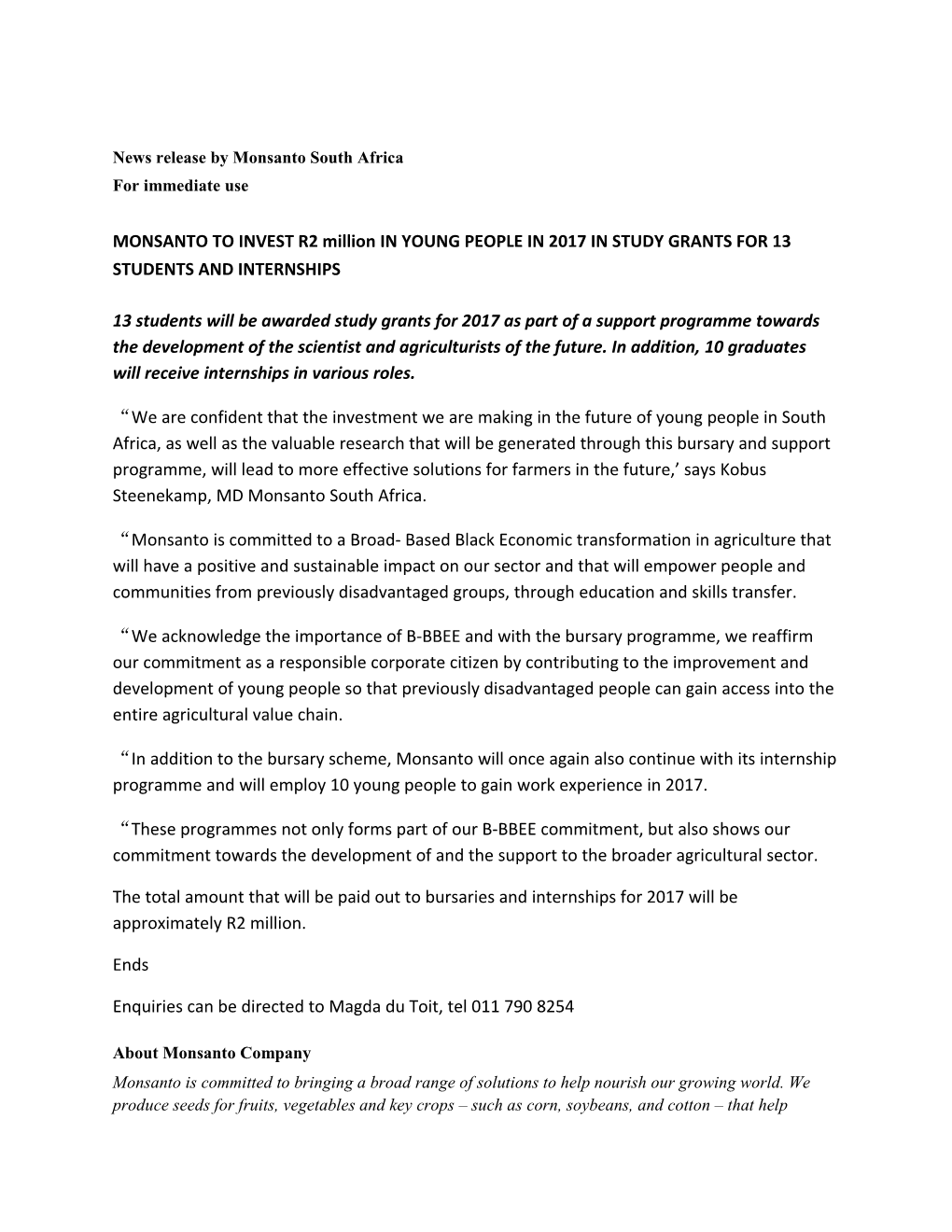 News Release by Monsanto South Africa