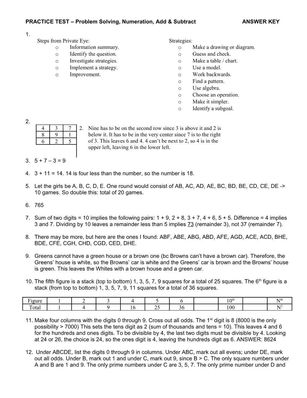 PRACTICE TEST Problem Solving, Numeration, Add & Subtract