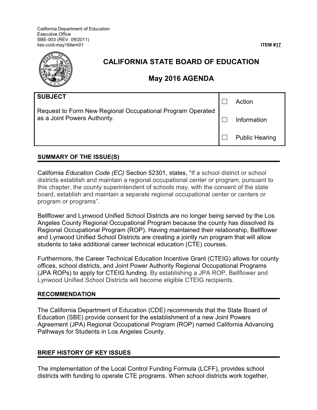 May 2016 Agenda Item 17 - Meeting Agendas (CA State Board of Education)