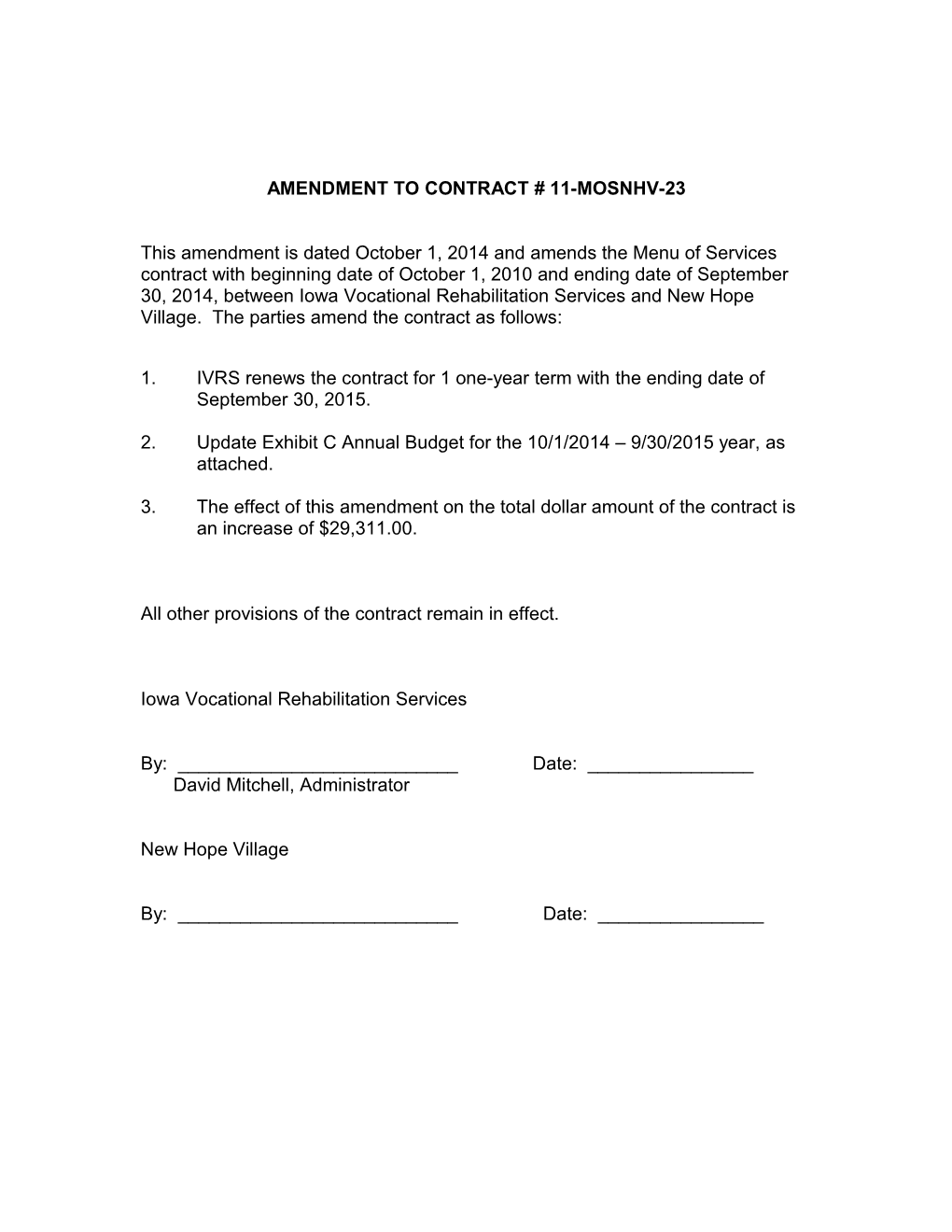 Amendment to Establishment Agreement Contract