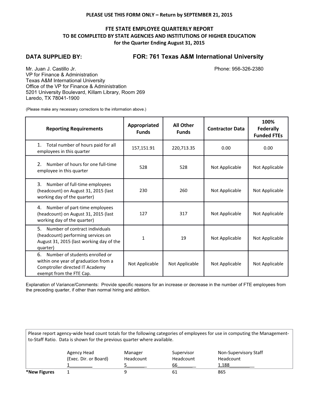 PLEASE USE THIS FORM ONLY Return by SEPTEMBER 21, 2015