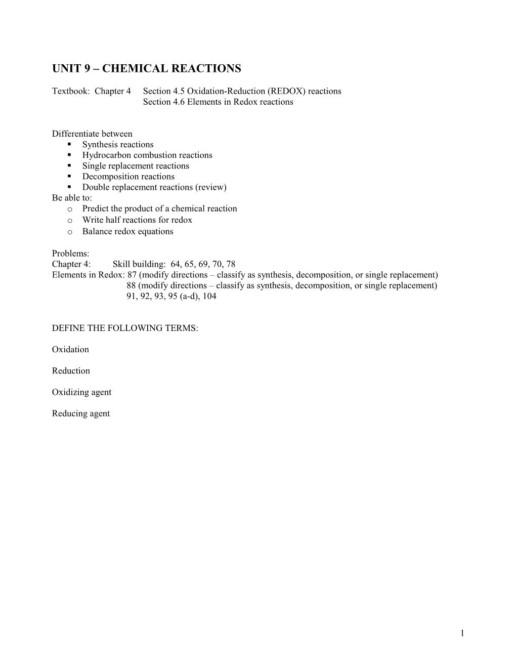 Unit 9 Chemical Reactions