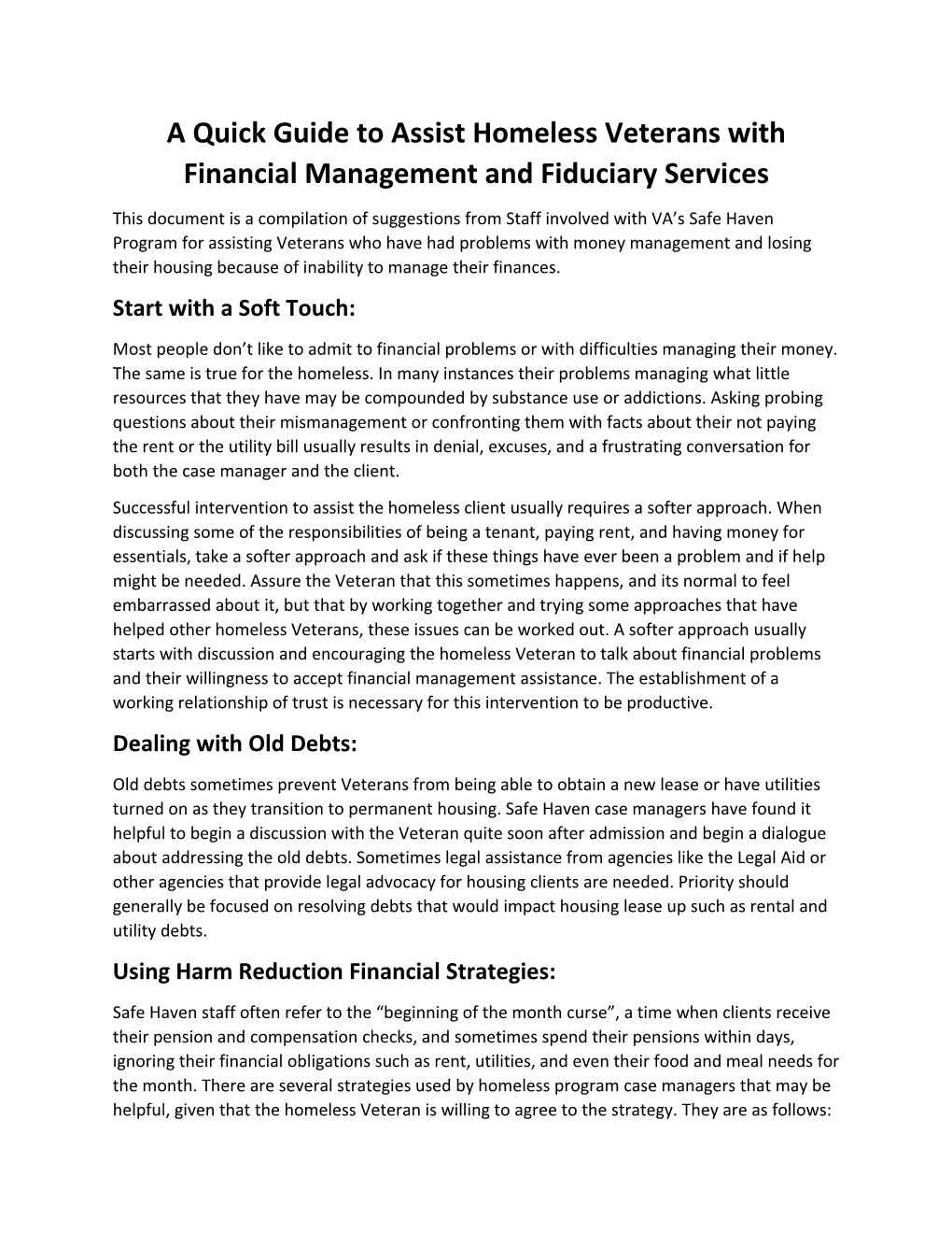 A Quick Guide Toassist Homeless Veterans with Financial Management and Fiduciary Services