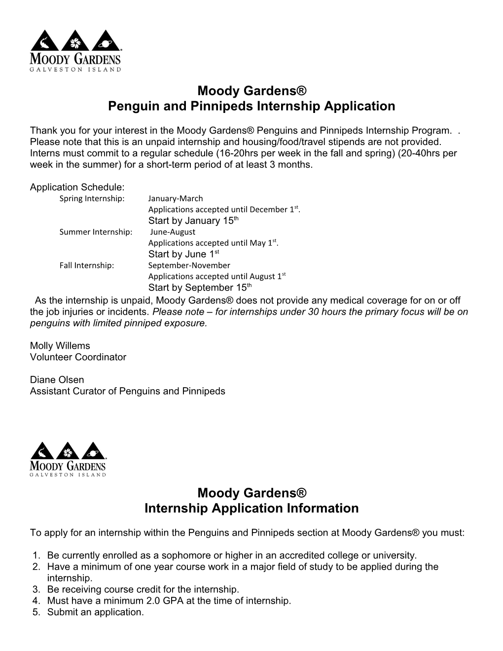 Moody Gardens Penguin and Pinnipeds Internship Application