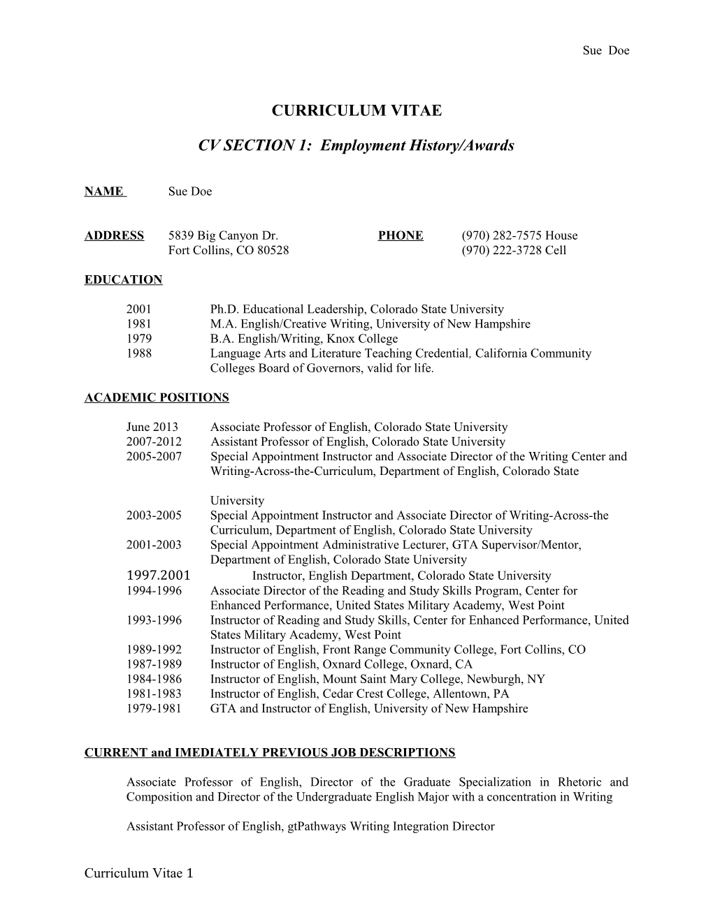 CV SECTION 1: Employment History/Awards