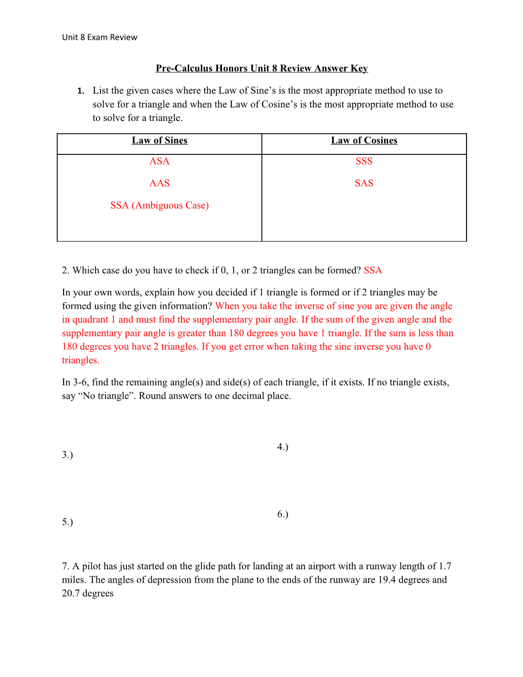 Pre-Calculus Honors Unit 8 Review Answer Key