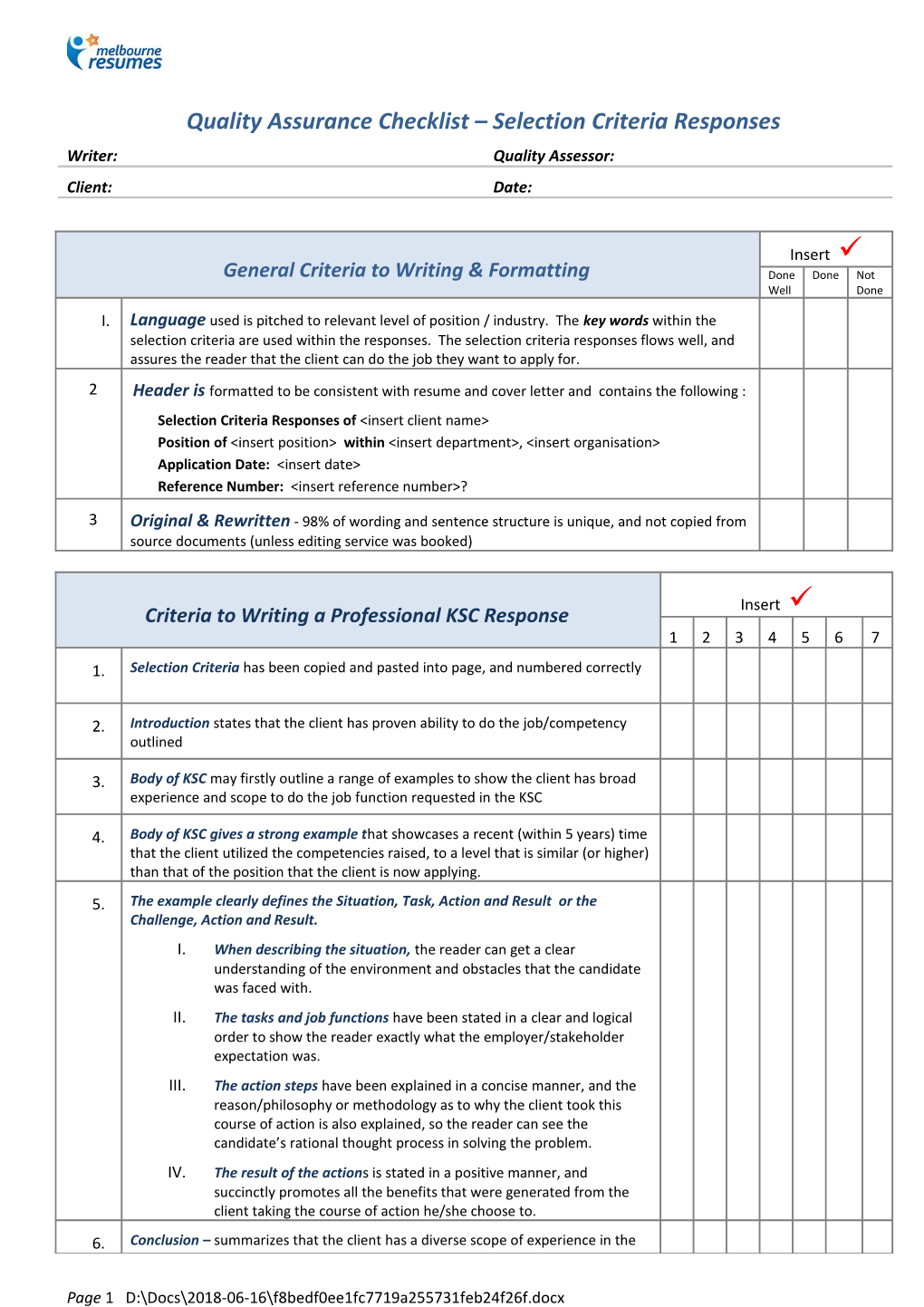 Quality Assurance Checklist Selection Criteria Responses