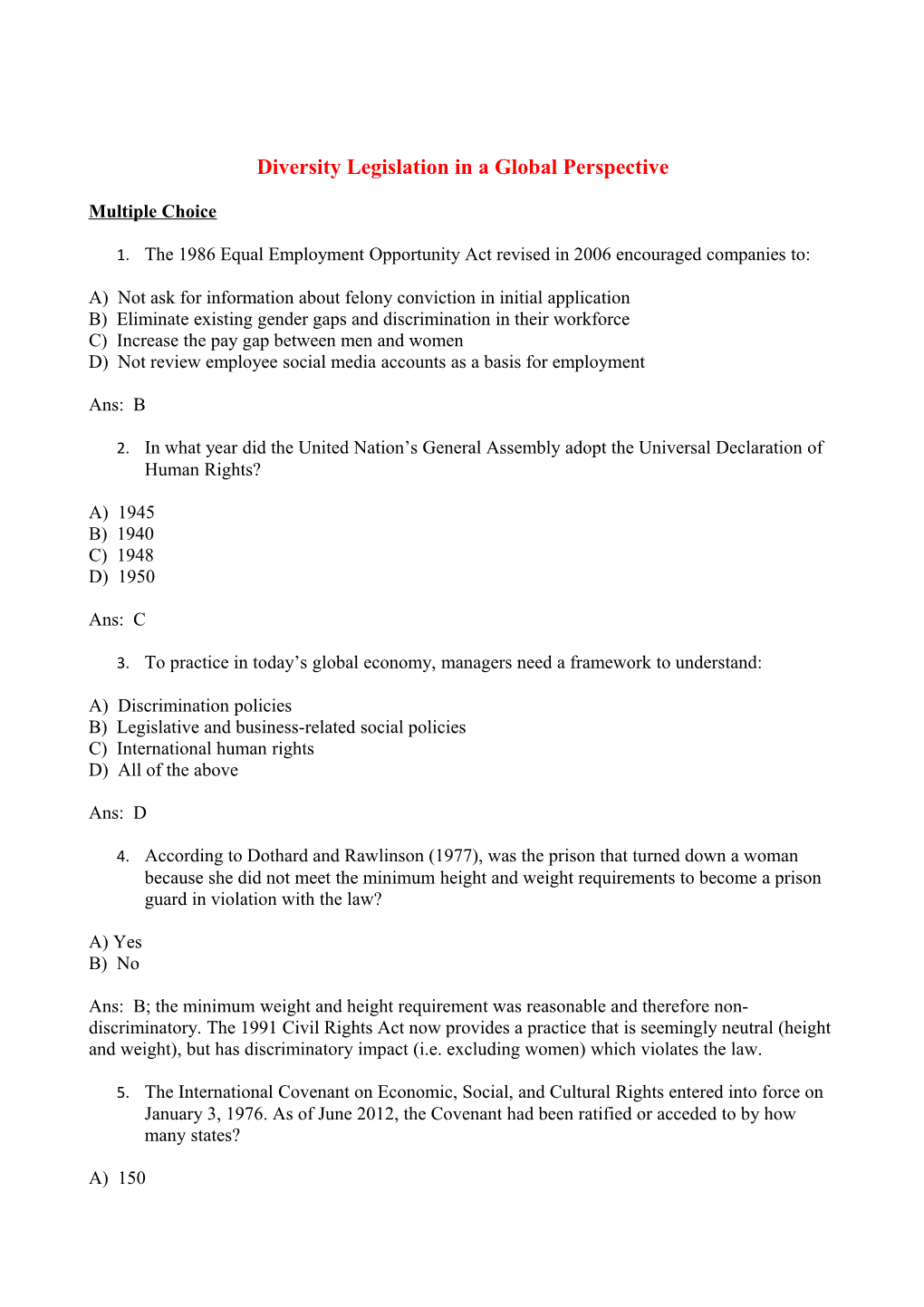 Di Versity Legislation in a Global Perspective