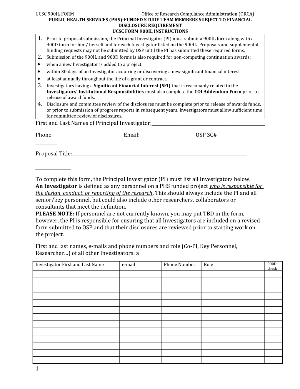 UCSC 900IL FORM Office of Research Compliance Administration (ORCA)
