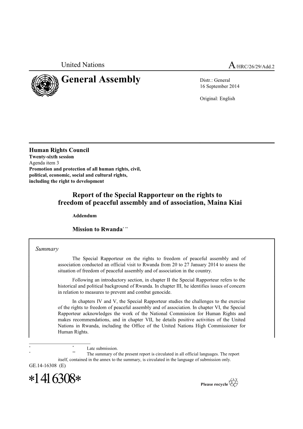 Report Of The Special Rapporteur On The Rights To Freedom Of Peaceful Assembly And Of Association - Mission To Rwanda In English