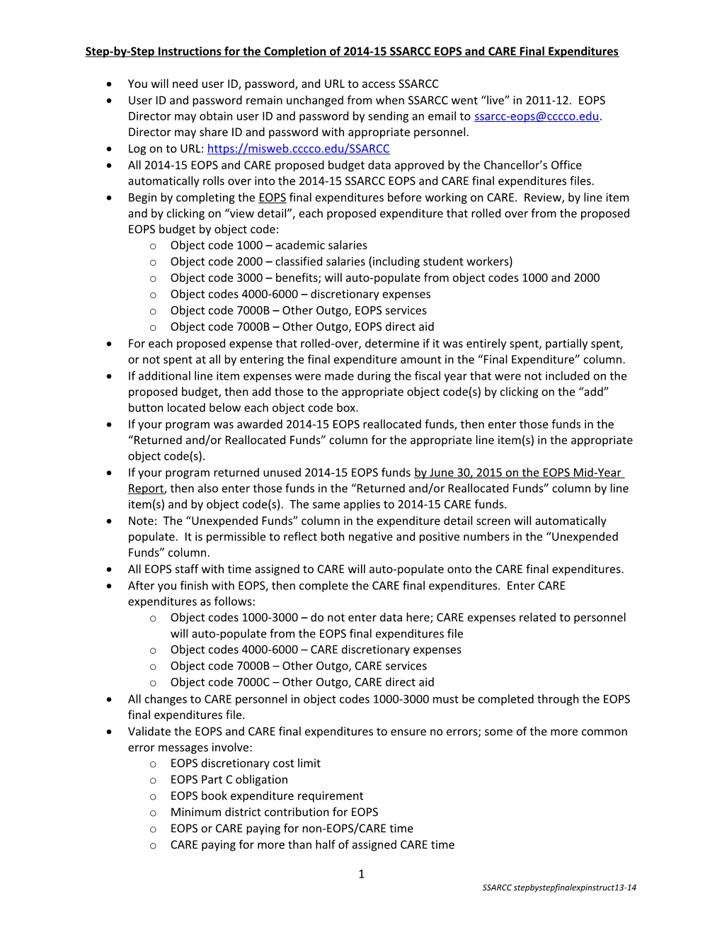 Step-By-Step Instructions for the Completion of 2014-15 SSARCC EOPS and CARE Final Expenditures