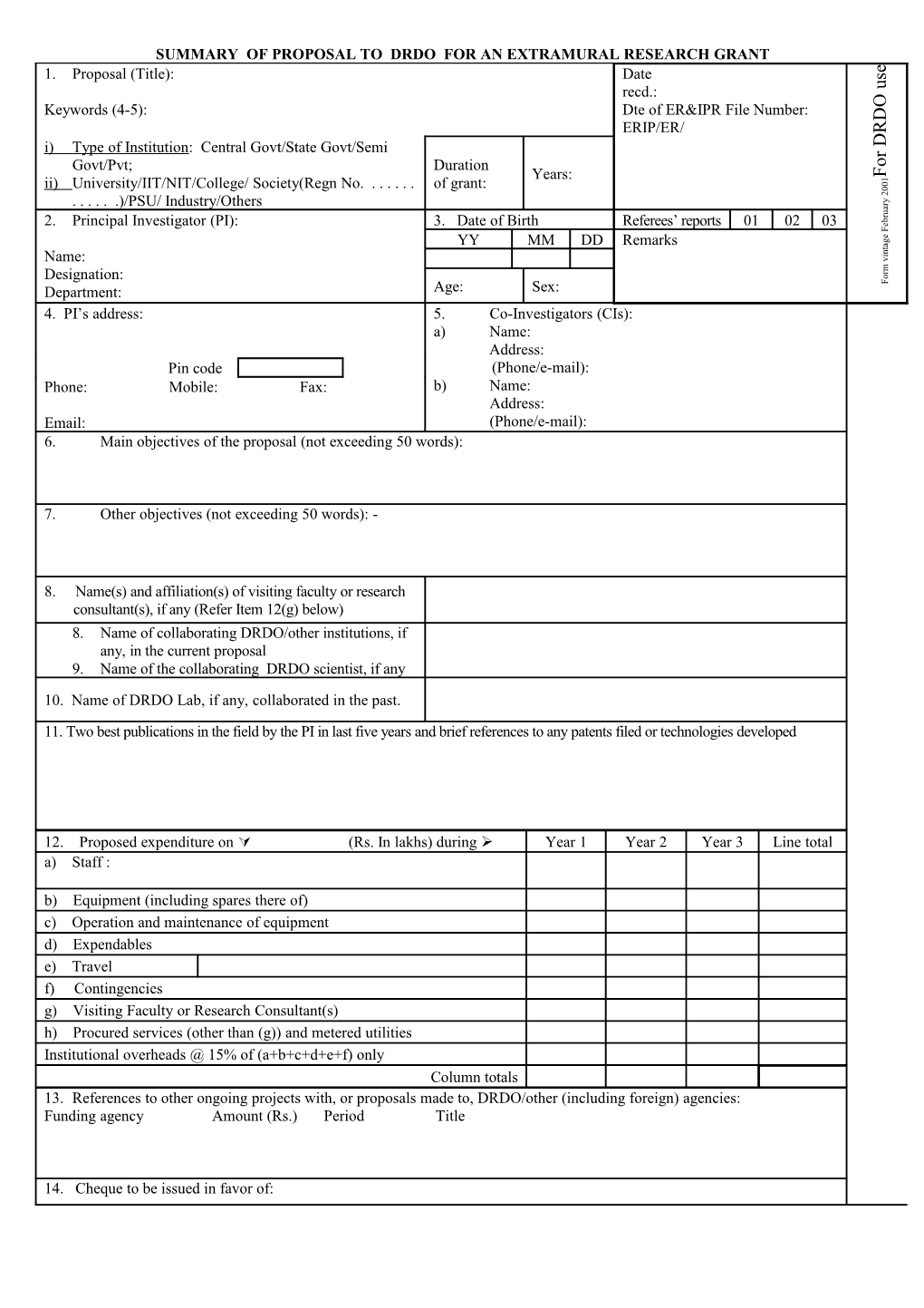 Summary of Proposal to Drdo for an Extramural Research Grant