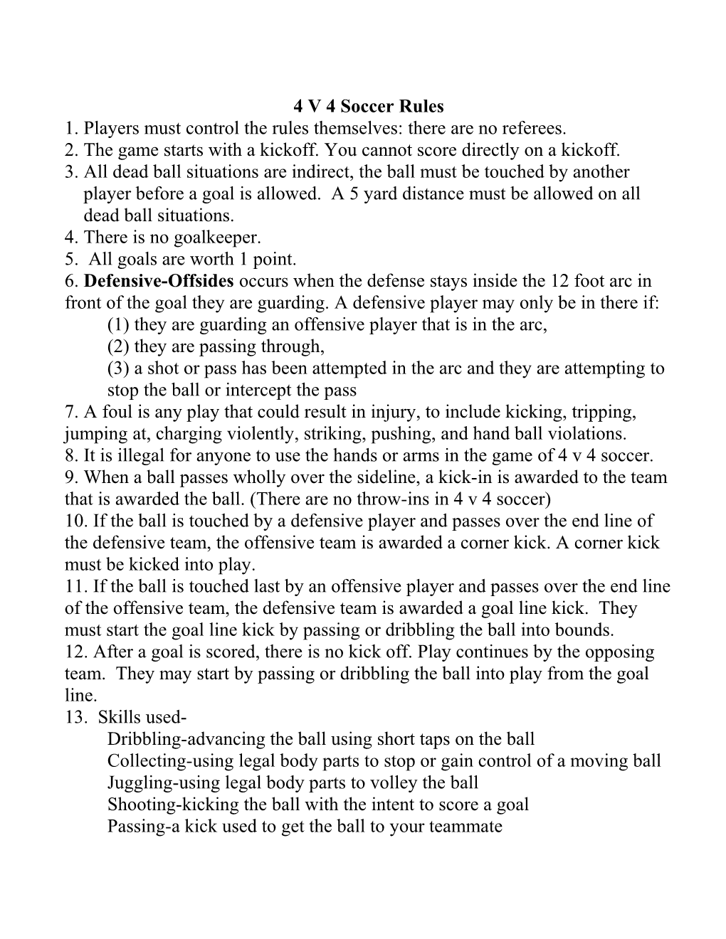 4 V 4 Soccer Rules